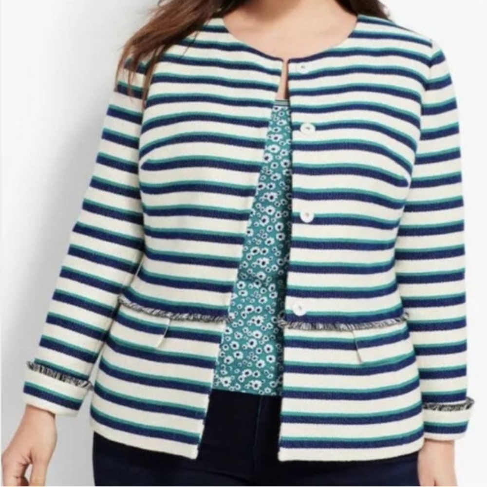 Talbots Striped Fringe Trim Jacket Blazer in Jade